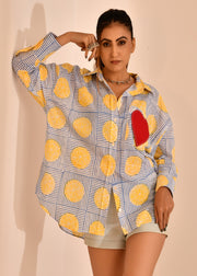 Nimbu on Blue Stripe Hand Block Printed Shirt - Nimbu