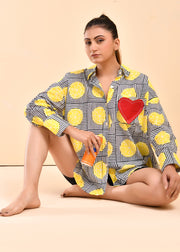 READY TO SHIP: Nimbu on Black Stripe Hand Block Printed Shirt - KalaKhatta