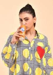 READY TO SHIP: Nimbu on Black Stripe Hand Block Printed Shirt - KalaKhatta