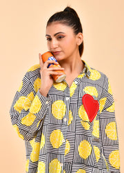 READY TO SHIP: Nimbu on Black Stripe Hand Block Printed Shirt - KalaKhatta