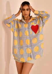 READY TO SHIP: Nimbu on Blue Stripe Hand Block Printed Shirt - Nimbu