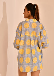 READY TO SHIP: Nimbu on Blue Stripe Hand Block Printed Shirt - Nimbu