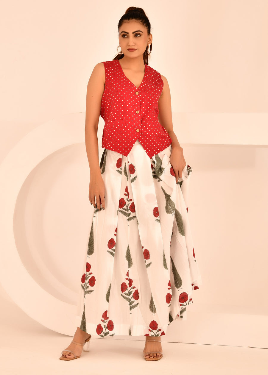Polkadot Waist-Coat And Skirt Block Printed Set - Pushpa