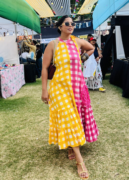 READY TO SHIP: Handblock Printed Dress - Sunset Checks