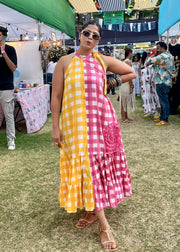 READY TO SHIP: Handblock Printed Dress - Sunset Checks
