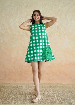Handblock Checked Cotton Dress - Kaccha Aam
