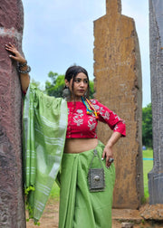 Green Cotton Linen Sari - Neem Tara