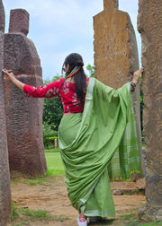 Green Cotton Linen Sari - Neem Tara