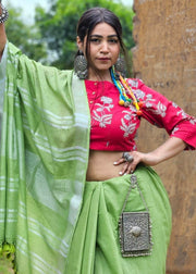 Green Cotton Linen Sari - Neem Tara