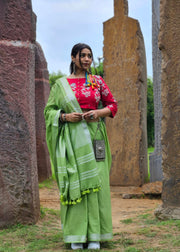 Green Cotton Linen Sari - Neem Tara