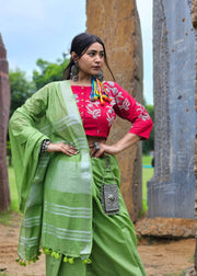 Green Cotton Linen Sari - Neem Tara