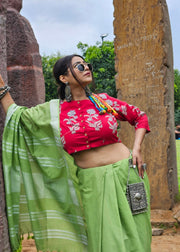 Green Cotton Linen Sari - Neem Tara