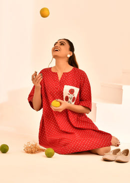 Red Polkadot Hand Block Printed Short Dress - Pocket Bloom