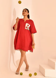 READY TO SHIP: Red Polkadot Hand Block Printed Short Dress - Pocket Bloom