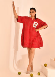 READY TO SHIP: Red Polkadot Hand Block Printed Short Dress - Pocket Bloom