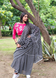 Black Stripe Cotton Sari - Ragini