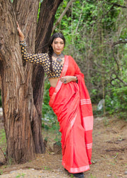 READY TO SHIP: Red Cotton Linen Sari with Woven Border - Sutra Shakti