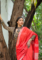 READY TO SHIP: Red Cotton Linen Sari with Woven Border - Sutra Shakti