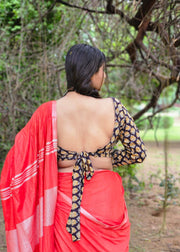 READY TO SHIP: Red Cotton Linen Sari with Woven Border - Sutra Shakti
