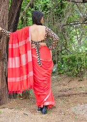 READY TO SHIP: Red Cotton Linen Sari with Woven Border - Sutra Shakti