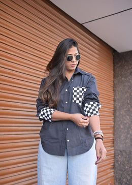 Black Gingam Hand Block Printed Shirt - Gingam